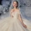 Romantic Champagne Bridal Wedding Dresses 2020 Ball Gown Off-The-Shoulder Short Sleeve Backless Appliques Lace Beading Glitter Tulle Cathedral Train Ruffle