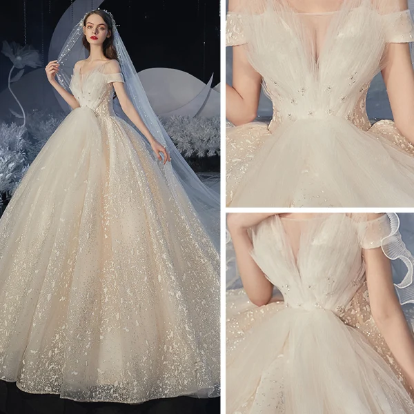 Romantic Champagne Bridal Wedding Dresses 2020 Ball Gown Off-The-Shoulder Short Sleeve Backless Appliques Lace Beading Glitter Tulle Cathedral Train Ruffle