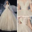 Romantic Champagne Bridal Wedding Dresses 2020 Ball Gown Off-The-Shoulder Short Sleeve Backless Appliques Lace Beading Glitter Tulle Cathedral Train Ruffle