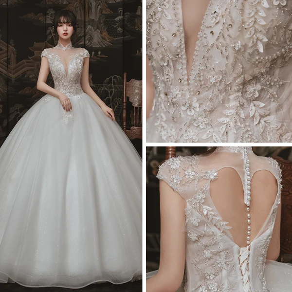 Vintage / Retro Ivory Outdoor / Garden Wedding Dresses 2020 Ball Gown See-through High Neck Short Sleeve Backless Appliques Lace Beading Glitter Tulle Floor-Length / Long Ruffle