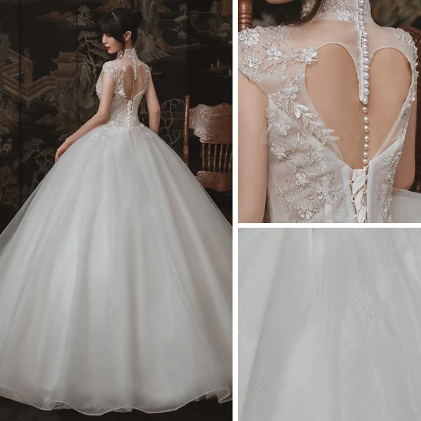 Vintage / Retro Ivory Outdoor / Garden Wedding Dresses 2020 Ball Gown See-through High Neck Short Sleeve Backless Appliques Lace Beading Glitter Tulle Floor-Length / Long Ruffle