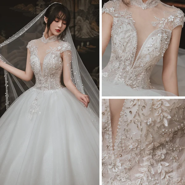 Vintage / Retro Ivory Outdoor / Garden Wedding Dresses 2020 Ball Gown See-through High Neck Short Sleeve Backless Appliques Lace Beading Glitter Tulle Floor-Length / Long Ruffle