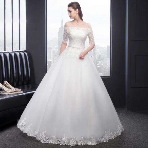 Simple Église Robe De Mariée 2017 En Dentelle Dos Nu 1/2 Manches De l'épaule Blanche Robe Boule Longue