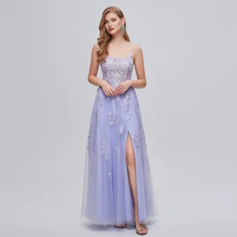 Sexy Lavender Sequins Lace Flower Evening Dresses Prom Dresses 2023 A Line Princess Lace Up Spaghetti Straps Sleeveless Backless Floor Length Long Split Front