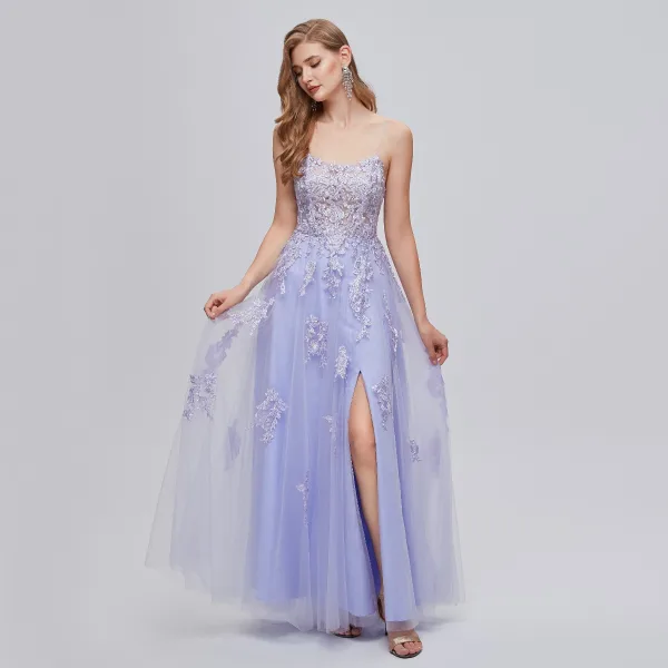 Sexy Lavendel Pailletten Spitze Blumen Abendkleider Ballkleider 2023 A Linie Schnürung Spaghettiträger Ärmellos Rückenfreies Lange Gespaltete Front