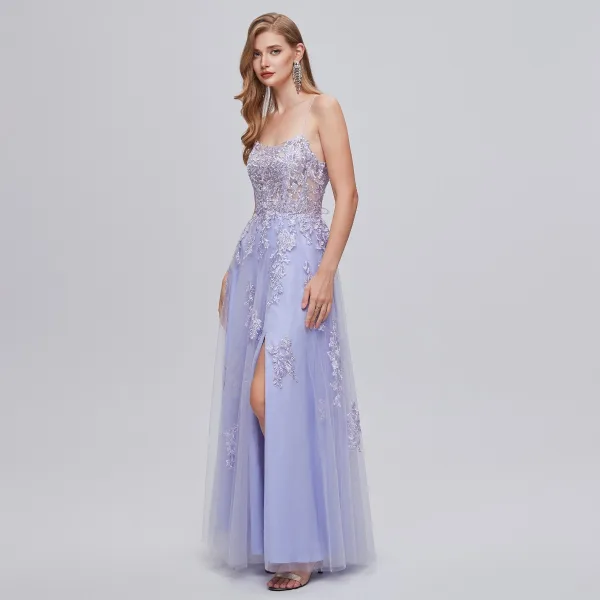 Sexy Lavendel Pailletten Spitze Blumen Abendkleider Ballkleider 2023 A Linie Schnürung Spaghettiträger Ärmellos Rückenfreies Lange Gespaltete Front