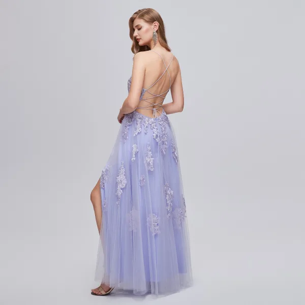 Sexy Lavendel Pailletten Spitze Blumen Abendkleider Ballkleider 2023 A Linie Schnürung Spaghettiträger Ärmellos Rückenfreies Lange Gespaltete Front