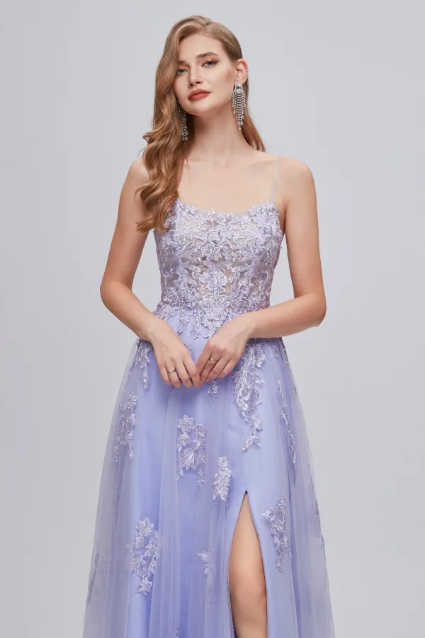 Sexy Lavendel Pailletten Spitze Blumen Abendkleider Ballkleider 2023 A Linie Schnürung Spaghettiträger Ärmellos Rückenfreies Lange Gespaltete Front