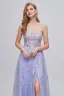 Sexy Lavendel Pailletten Spitze Blumen Abendkleider Ballkleider 2023 A Linie Schnürung Spaghettiträger Ärmellos Rückenfreies Lange Gespaltete Front