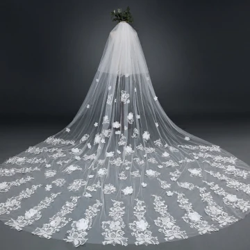 Elegante Witte 2017 Huwelijk Tule Appliques Geborduurde Bruidssluier