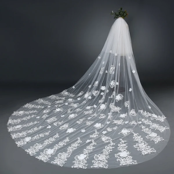 Élégant Blanche 2017 Mariage Tulle Appliques Brodé Voile De Mariée