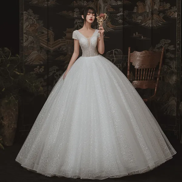 Ball Gown Long V-Neck Short-Sleeve Backless Tulle Dress With Beading  Ball  gowns wedding, Ball gown wedding dress, Backless wedding dress