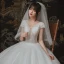 High End Ivory / Creme Spitze Brautkleider / Hochzeitskleider 2020 Ballkleid Durchsichtige Tiefer V-Ausschnitt Kurze Ärmel Rückenfreies Handgefertigt Perlenstickerei Glanz Tülle Lange Rüschen