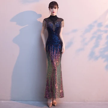 Sparkly Multi Colors Evening Dresses 2020 Trumpet Mermaid See Through High Neck Sleeveless Appliques Lace Beading Rhinestone Tassel Floor Length Long Formal Dresses