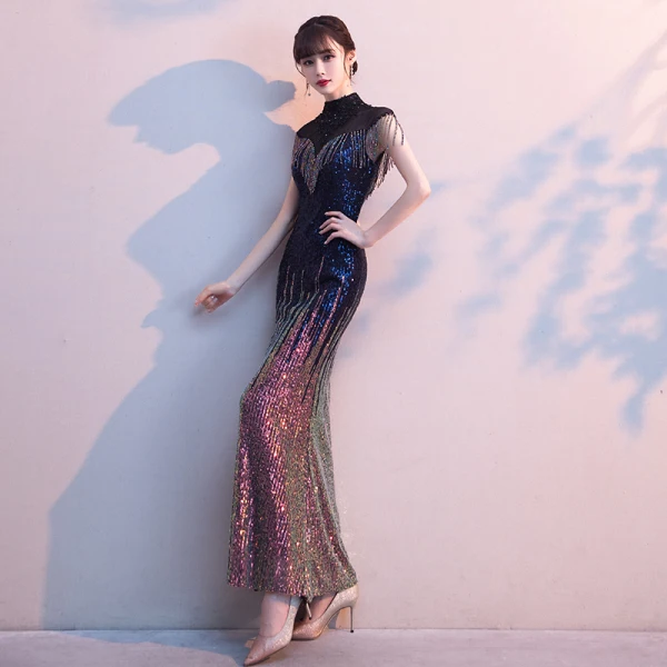 Scintillantes Multi-Couleurs Robe De Soirée 2020 Trompette / Sirène Transparentes Col Haut Sans Manches Appliques En Dentelle Perlage Faux Diamant Gland Longue Robe De Ceremonie