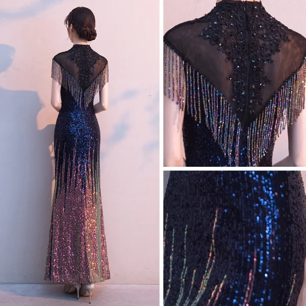 Scintillantes Multi-Couleurs Robe De Soirée 2020 Trompette / Sirène Transparentes Col Haut Sans Manches Appliques En Dentelle Perlage Faux Diamant Gland Longue Robe De Ceremonie