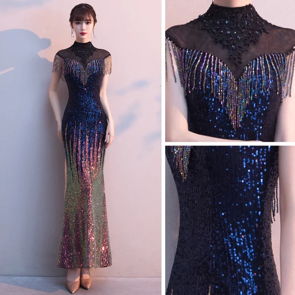 Scintillantes Multi-Couleurs Robe De Soirée 2020 Trompette / Sirène Transparentes Col Haut Sans Manches Appliques En Dentelle Perlage Faux Diamant Gland Longue Robe De Ceremonie