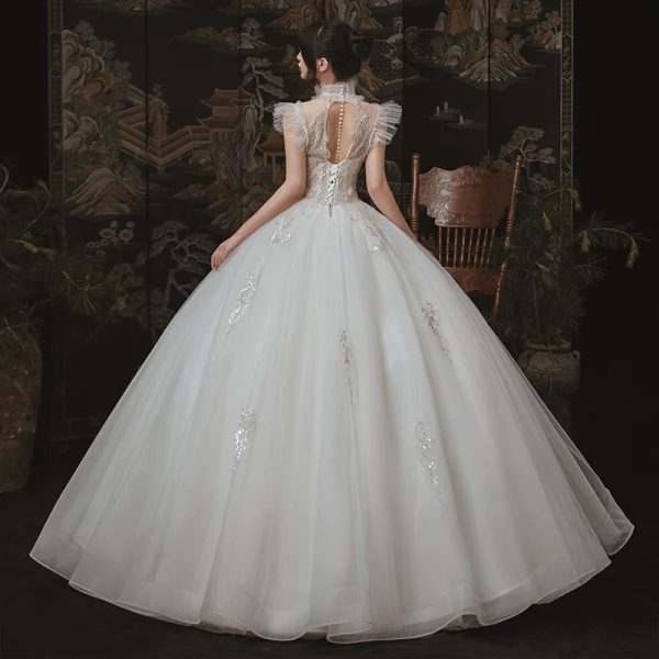 Vintage / Originale Ivoire Jardin / Extérieur Robe De Mariée 2020 Robe Boule Transparentes Col Haut Sans Manches Dos Nu Appliques Paillettes Perlage Longue Volants