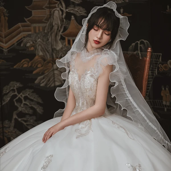 Vintage / Originale Ivoire Jardin / Extérieur Robe De Mariée 2020 Robe Boule Transparentes Col Haut Sans Manches Dos Nu Appliques Paillettes Perlage Longue Volants