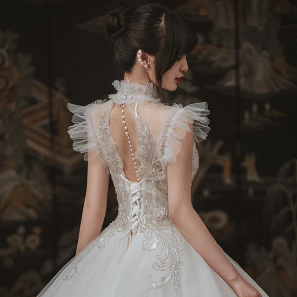 Vintage / Originale Ivoire Jardin / Extérieur Robe De Mariée 2020 Robe Boule Transparentes Col Haut Sans Manches Dos Nu Appliques Paillettes Perlage Longue Volants