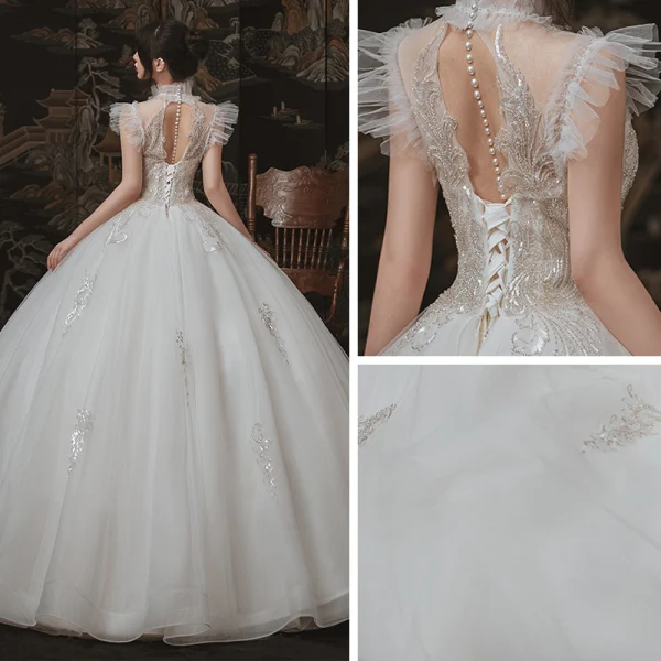Vintage / Originale Ivoire Jardin / Extérieur Robe De Mariée 2020 Robe Boule Transparentes Col Haut Sans Manches Dos Nu Appliques Paillettes Perlage Longue Volants