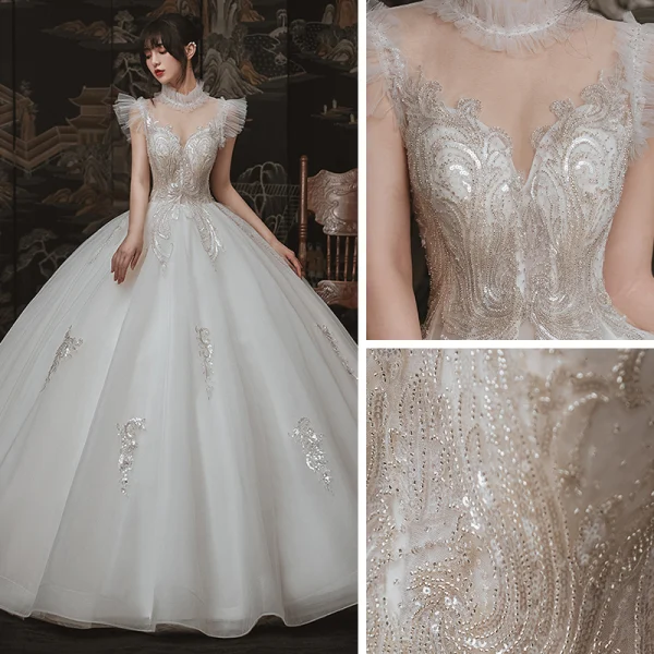Vintage / Originale Ivoire Jardin / Extérieur Robe De Mariée 2020 Robe Boule Transparentes Col Haut Sans Manches Dos Nu Appliques Paillettes Perlage Longue Volants