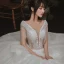 Elegant Ivory Outdoor / Garden Wedding Dresses 2020 Ball Gown See-through Deep V-Neck Sleeveless Backless Appliques Flower Pearl Beading Tassel Glitter Tulle Floor-Length / Long Ruffle