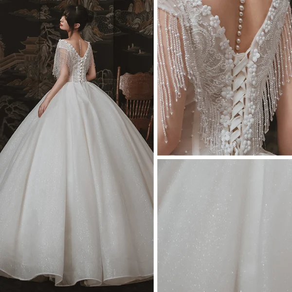Elegant Ivory Outdoor / Garden Wedding Dresses 2020 Ball Gown See-through Deep V-Neck Sleeveless Backless Appliques Flower Pearl Beading Tassel Glitter Tulle Floor-Length / Long Ruffle