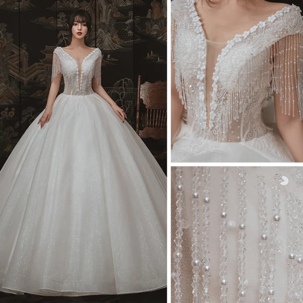 Elegant Ivory Outdoor / Garden Wedding Dresses 2020 Ball Gown See-through Deep V-Neck Sleeveless Backless Appliques Flower Pearl Beading Tassel Glitter Tulle Floor-Length / Long Ruffle