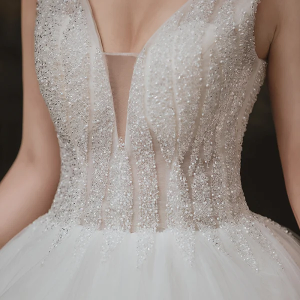 Chic / Beautiful Ivory Outdoor / Garden Wedding Dresses 2020 Ball Gown See-through Deep V-Neck Sleeveless Backless Beading Floor-Length / Long Ruffle