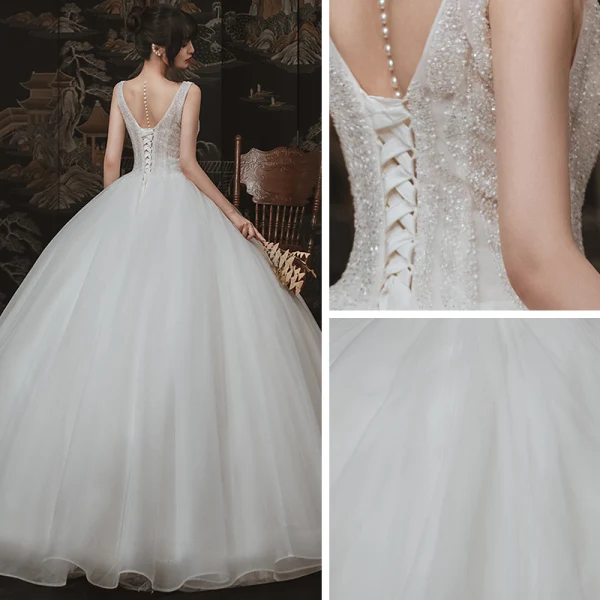 Chic / Beautiful Ivory Outdoor / Garden Wedding Dresses 2020 Ball Gown See-through Deep V-Neck Sleeveless Backless Beading Floor-Length / Long Ruffle