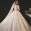 Vintage / Retro Audrey Hepburn Style Champagne Bridal Wedding Dresses 2020 Ball Gown See-through Scoop Neck Puffy Short Sleeve Backless Beading Glitter Tulle Chapel Train Ruffle