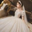 Vintage / Retro Audrey Hepburn Style Champagne Bridal Wedding Dresses 2020 Ball Gown See-through Scoop Neck Puffy Short Sleeve Backless Beading Glitter Tulle Chapel Train Ruffle