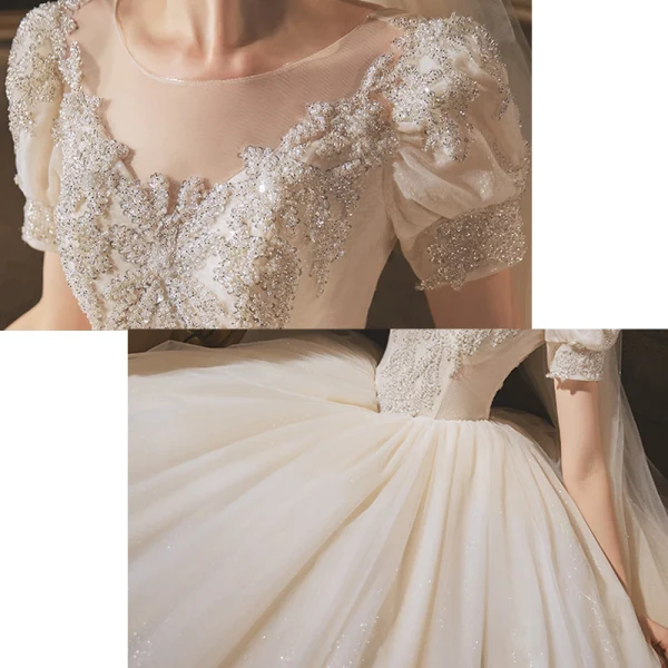 Vintage / Retro Audrey Hepburn Style Champagne Bridal Wedding Dresses 2020 Ball Gown See-through Scoop Neck Puffy Short Sleeve Backless Beading Glitter Tulle Chapel Train Ruffle