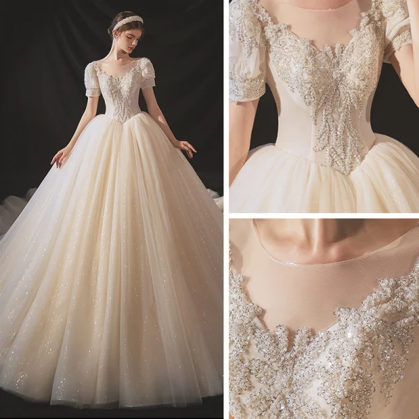 Vintage / Retro Audrey Hepburn Style Champagne Bridal Wedding Dresses 2020 Ball Gown See-through Scoop Neck Puffy Short Sleeve Backless Beading Glitter Tulle Chapel Train Ruffle