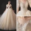 Vintage / Retro Audrey Hepburn Style Champagne Bridal Wedding Dresses 2020 Ball Gown See-through Scoop Neck Puffy Short Sleeve Backless Beading Glitter Tulle Chapel Train Ruffle