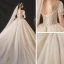 Vintage / Retro Audrey Hepburn Style Champagne Bridal Wedding Dresses 2020 Ball Gown See-through Scoop Neck Puffy Short Sleeve Backless Beading Glitter Tulle Chapel Train Ruffle