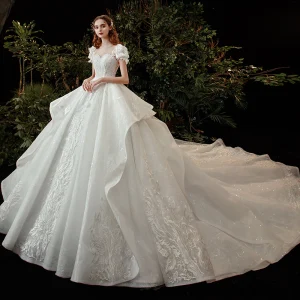 Victorian Style Ivory Bridal Wedding Dresses 2020 Ball Gown See Through Scoop Neck Puffy Short Sleeve Backless Appliques Flower Lace Beading Sequins Cathedral Train Ruffle