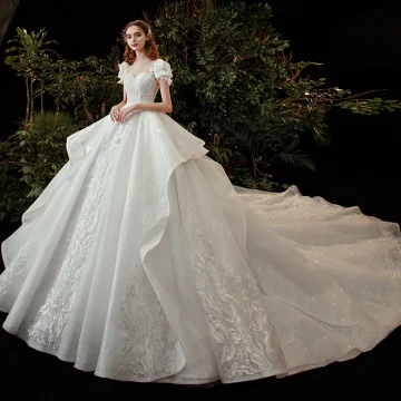 Victorian Style Ivory Bridal Wedding Dresses 2020 Ball Gown See Through Scoop Neck Puffy Short Sleeve Backless Appliques Flower Lace Beading Sequins Cathedral Train Ruffle