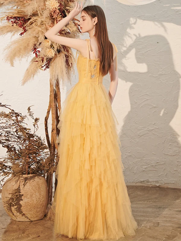 Affordable Yellow Prom Dresses 2020 A-Line / Princess Spaghetti Straps Sleeveless Rhinestone Floor-Length / Long Cascading Ruffles Backless Formal Dresses