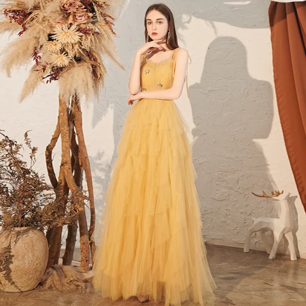 Affordable Yellow Prom Dresses 2020 A-Line / Princess Spaghetti Straps Sleeveless Rhinestone Floor-Length / Long Cascading Ruffles Backless Formal Dresses