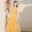 Affordable Yellow Prom Dresses 2020 A-Line / Princess Spaghetti Straps Sleeveless Rhinestone Floor-Length / Long Cascading Ruffles Backless Formal Dresses