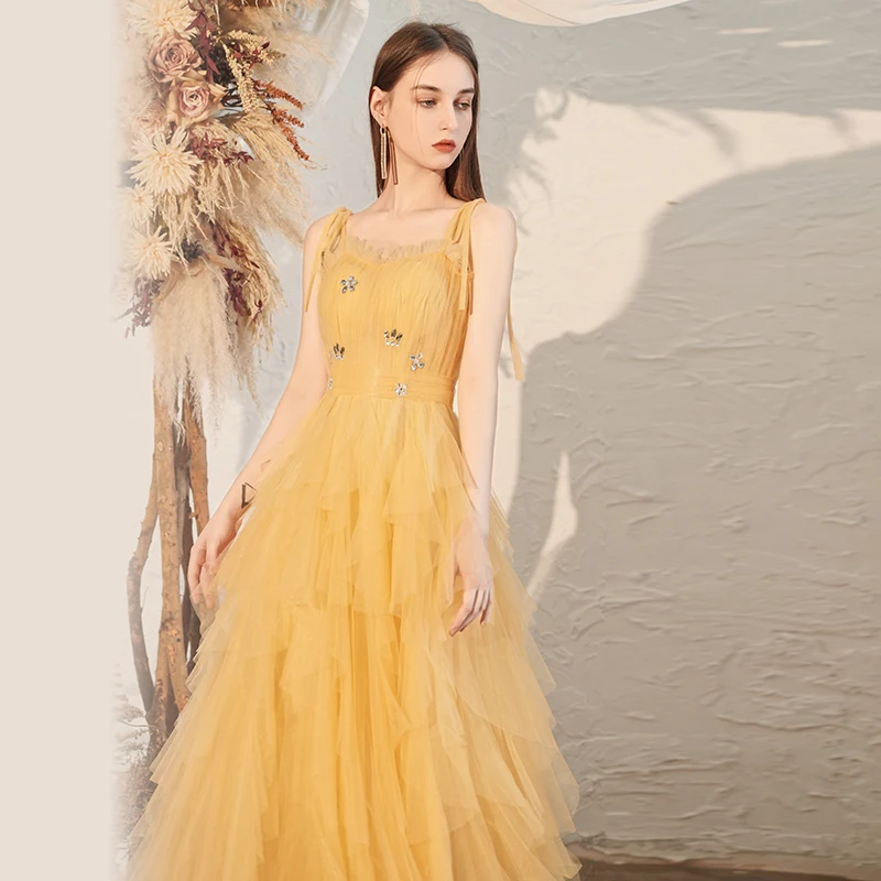 open lace back dress Primavera Couture 3290 Size 4,10 Yellow Prom Dress Sequins Backless, 4 / Yellow main image 1