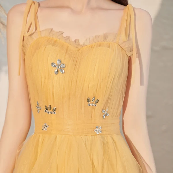 Affordable Yellow Prom Dresses 2020 A-Line / Princess Spaghetti Straps Sleeveless Rhinestone Floor-Length / Long Cascading Ruffles Backless Formal Dresses