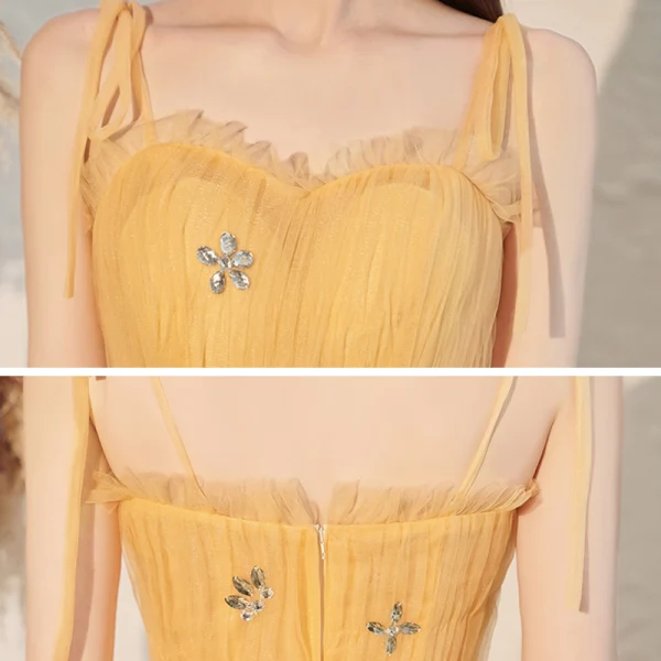 Affordable Yellow Prom Dresses 2020 A-Line / Princess Spaghetti Straps Sleeveless Rhinestone Floor-Length / Long Cascading Ruffles Backless Formal Dresses