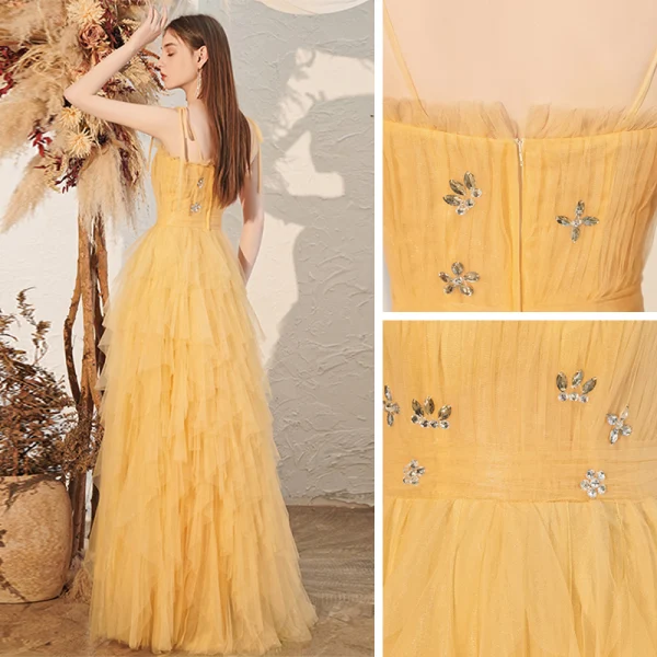 Affordable Yellow Prom Dresses 2020 A-Line / Princess Spaghetti Straps Sleeveless Rhinestone Floor-Length / Long Cascading Ruffles Backless Formal Dresses