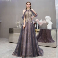 Moda Morado Vestidos de noche 2020 A-Line / Princess Scoop Escote Sin Mangas Apliques Lentejuelas Rebordear Colas De Barrido Ruffle Sin Espalda Vestidos Formales