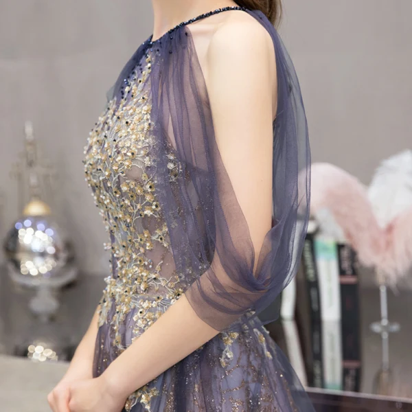 Fashion Purple Evening Dresses 2020 A-Line / Princess Scoop Neck Sleeveless Appliques Sequins Beading Sweep Train Ruffle Backless Formal Dresses