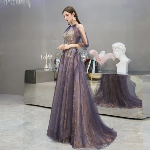 Fashion Purple Evening Dresses 2020 A-Line / Princess Scoop Neck Sleeveless Appliques Sequins Beading Sweep Train Ruffle Backless Formal Dresses