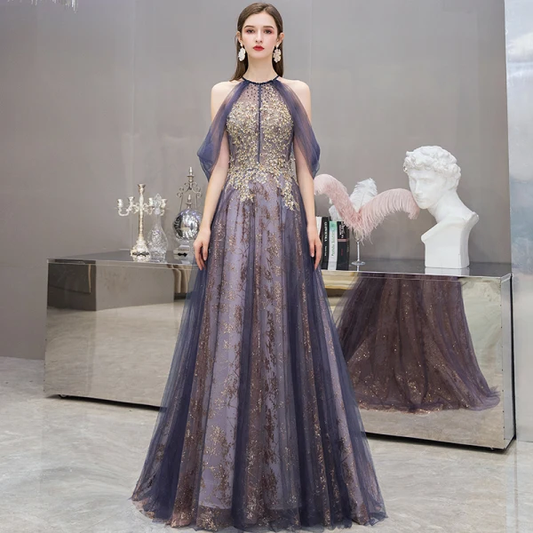 Fashion Purple Evening Dresses 2020 A-Line / Princess Scoop Neck Sleeveless Appliques Sequins Beading Sweep Train Ruffle Backless Formal Dresses
